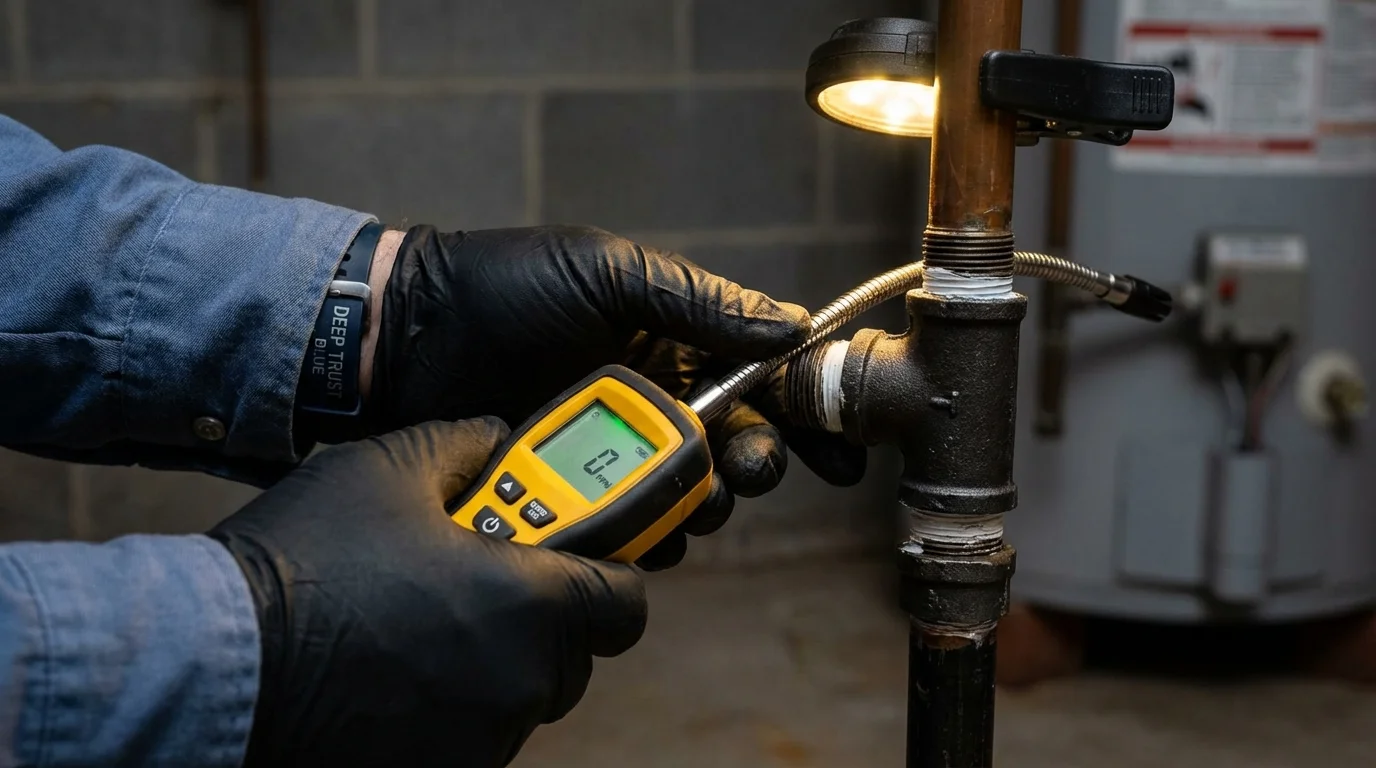 Gas leak detection with electronic sniffer by Johns Plumbing LLC in Ansted