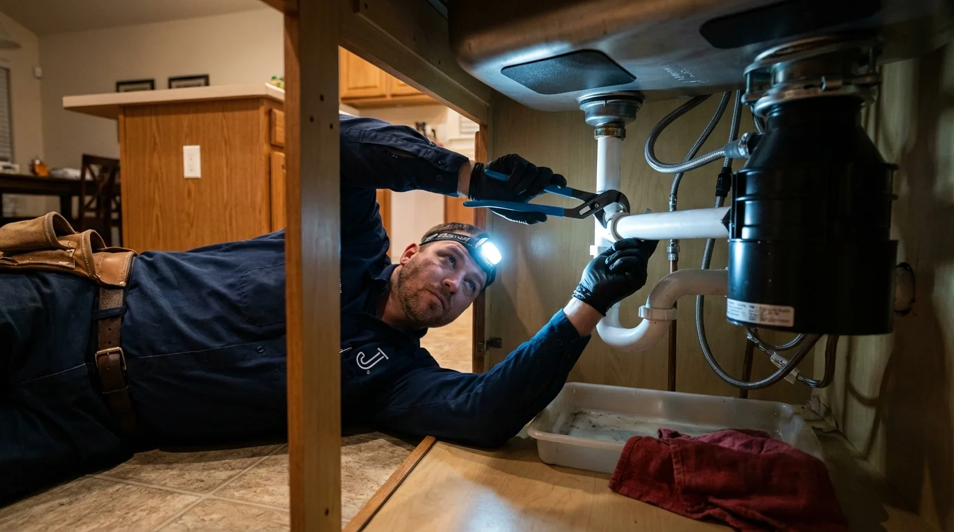 P-trap and supply line connections under a kitchen sink showing a common leak point in Ansted, WV